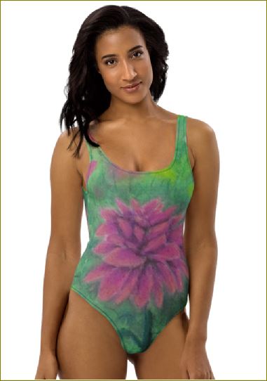 This is a original painting printed on a colourful bathing suit. Original artwork of Artist Jen Shearer's