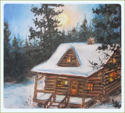 Poet and her Soul Speaking Paintings ~ prints, originals and more  Cabin in the night Cabin beneath the light Standing tall warmth to keep Helping us rest in winter sleep   Artwork and Poetry of Artist Jen Shearer   This is a original soft pastel painting printed on merchandi
