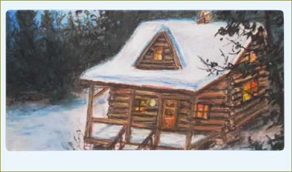 Poet and her Soul Speaking Paintings ~ prints, originals and more  Cabin in the night Cabin beneath the light Standing tall warmth to keep Helping us rest in winter sleep   Artwork and Poetry of Artist Jen Shearer   This is a original soft pastel painting printed on merchandi