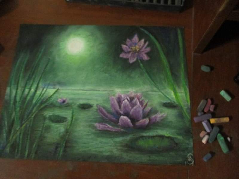 This is a original pastel artwork of Artist Jen Shearer

This original pastel piece comes framed and safely packaged with a tracking number.



" Lily Pond "



The night is glowing

Luminescence flowing

Where flowers are growing

Dancing in the pond 

It is a nightly showing



Original Artwork and Poetry of Artist Jen Shearer 



11" x 14" 

Soft Pastels 

Comes Framed

Free Shipping 