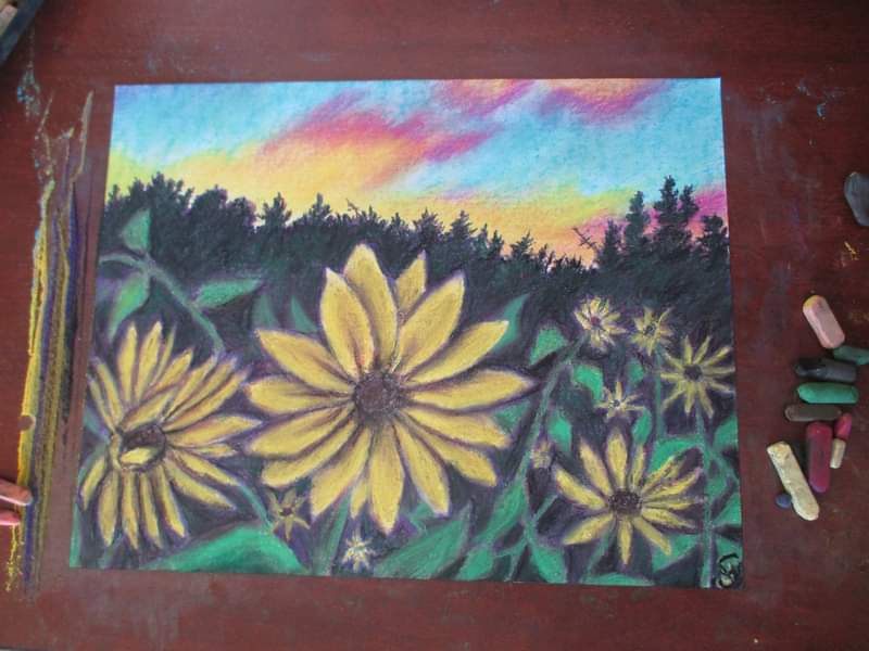 This is a original pastel artwork of Artist Jen Shearer  This original pastel piece comes framed and safely packaged with a tracking number.     " Sunflower Sunset "  Setting to say  It was a good day  Resting sleeping  To a sun day greeting     Original Artwork and Poetry of Artist Jen Shearer