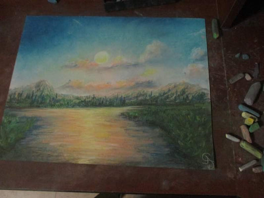 This is a original pastel artwork of Artist Jen Shearer

This original pastel piece comes framed and safely packaged with a tracking number.



" Sunset Dream Streams "



On replay riding a stream

 Sunsetting day and a enchanting dream

Lands are green 

Colors gleam 

with a warm sun setting beam 



Original Artwork and Poetry of Artist Jen Shearer 



11" x 14" 

Soft Pastels 

Comes Framed

Free Shipping

