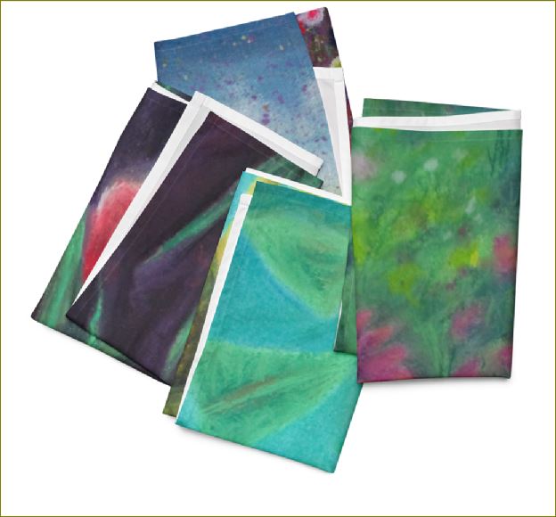 Artwork printed on Cloth napkins.  Revamp your dining experience with our custom cloth napkin set. Every pack comes with 4 soft, lightweight, and pliable napkins, each with a unique design for that personal touch. Great for special dinners or everyday use, these napkins add a dash of design and comfort to any mealtime.