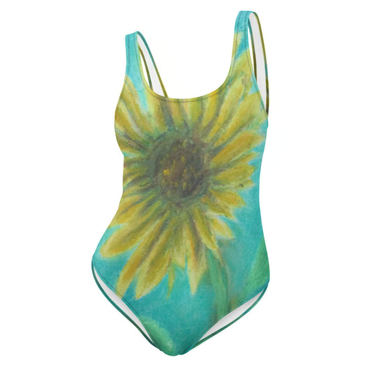 This is a original painting printed on a colourful bathing suit. Original artwork of Artist Jen Shearer's